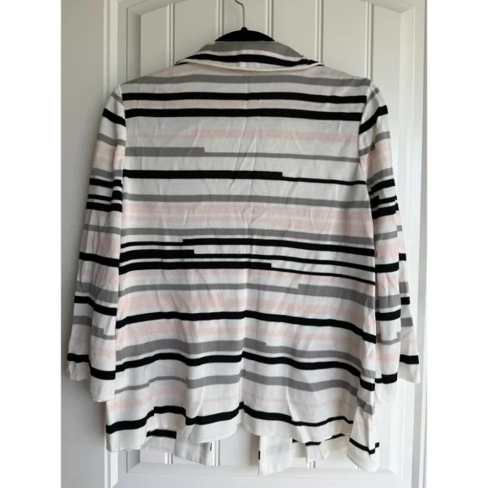MING WANG Slinky Pink Black‎ White Stripe Open Front Cardigan Size L